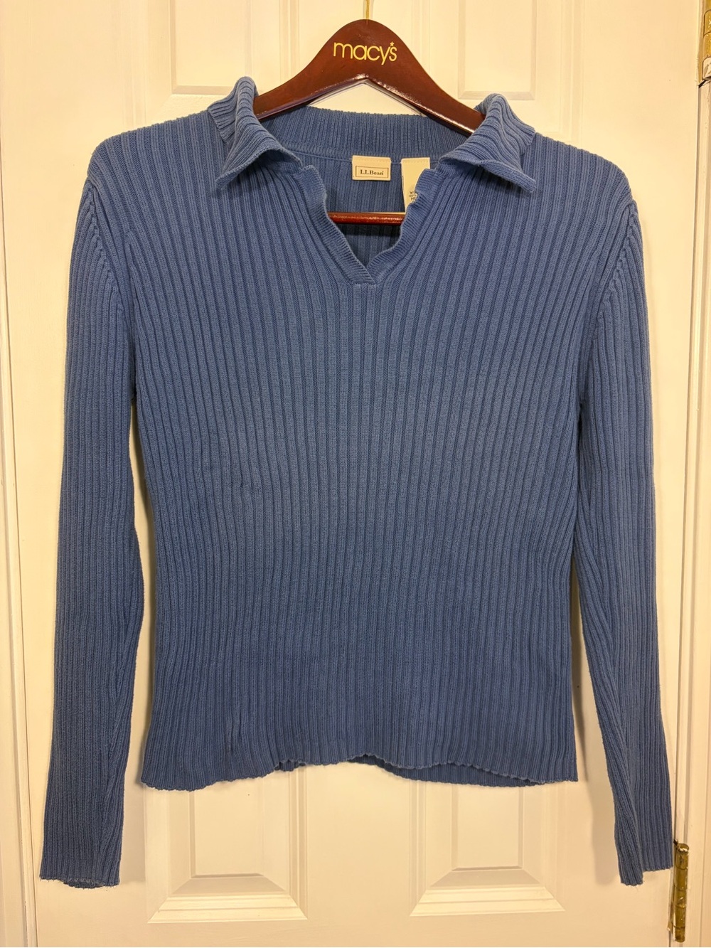 L.L.Bean Women’s Med Blue Ribbed Cotton Sweater Johnny Collar Long Sleeve knit